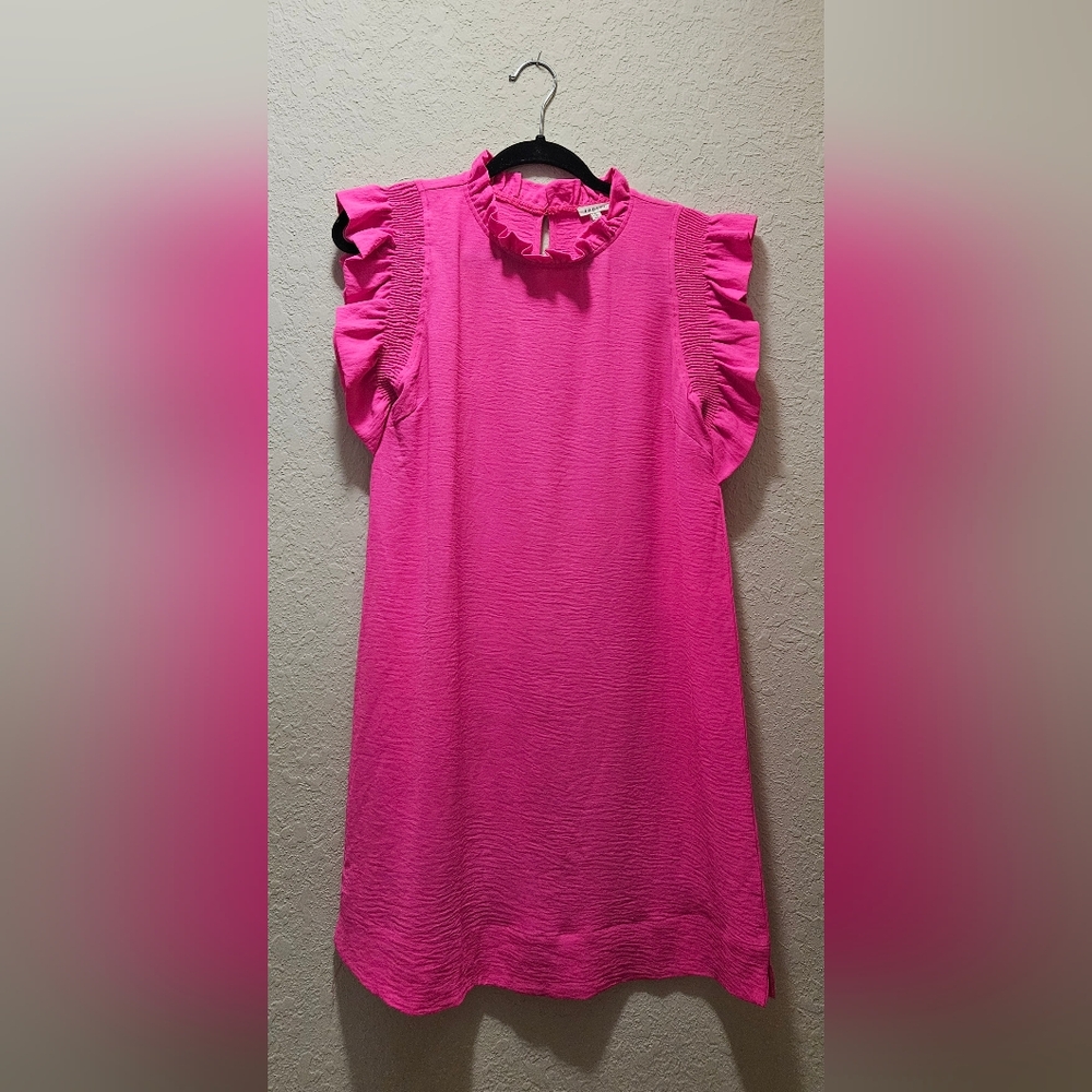 JODIFL Hot Pink Ruffle Sleeve Shift Dress